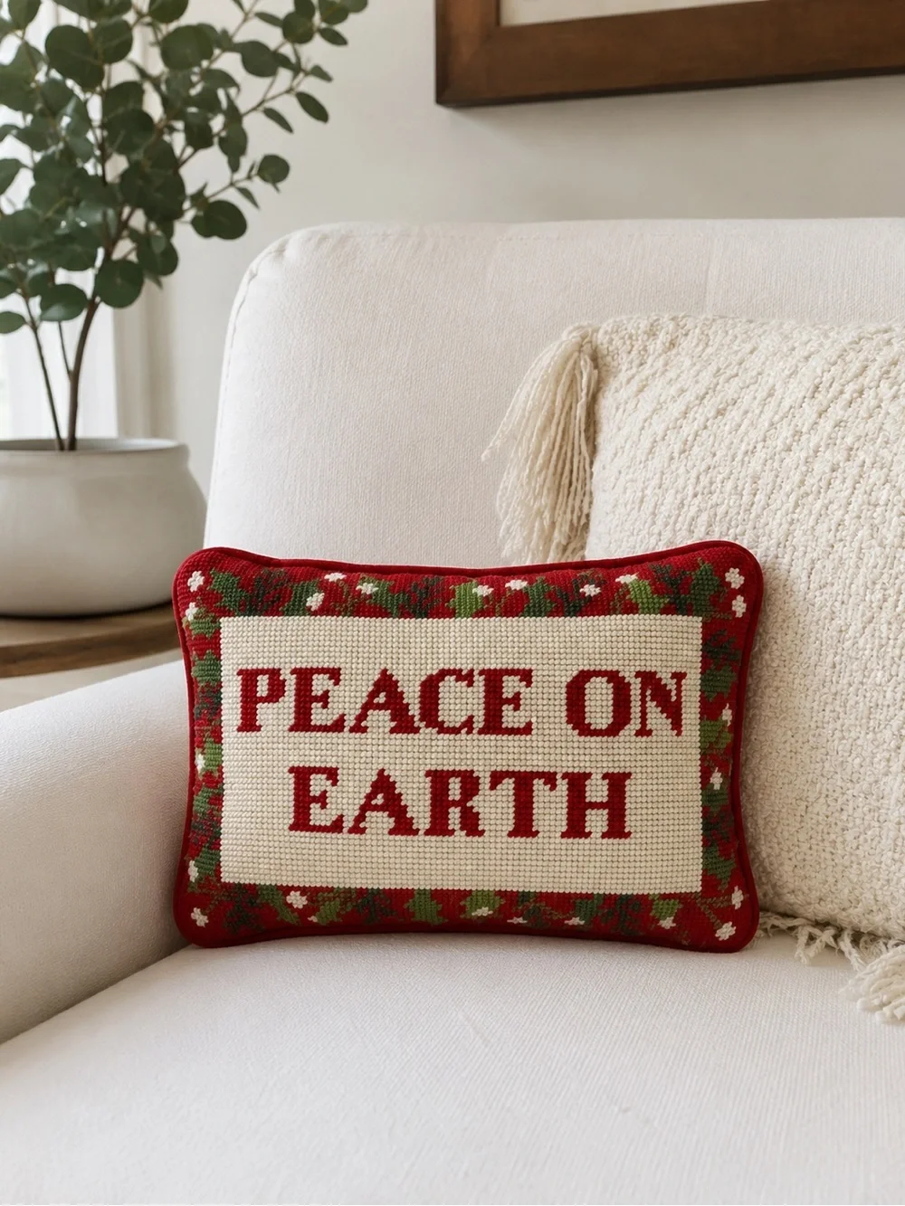 NWT needlepoint Christmas pillow small 8x11 inches peace on earth